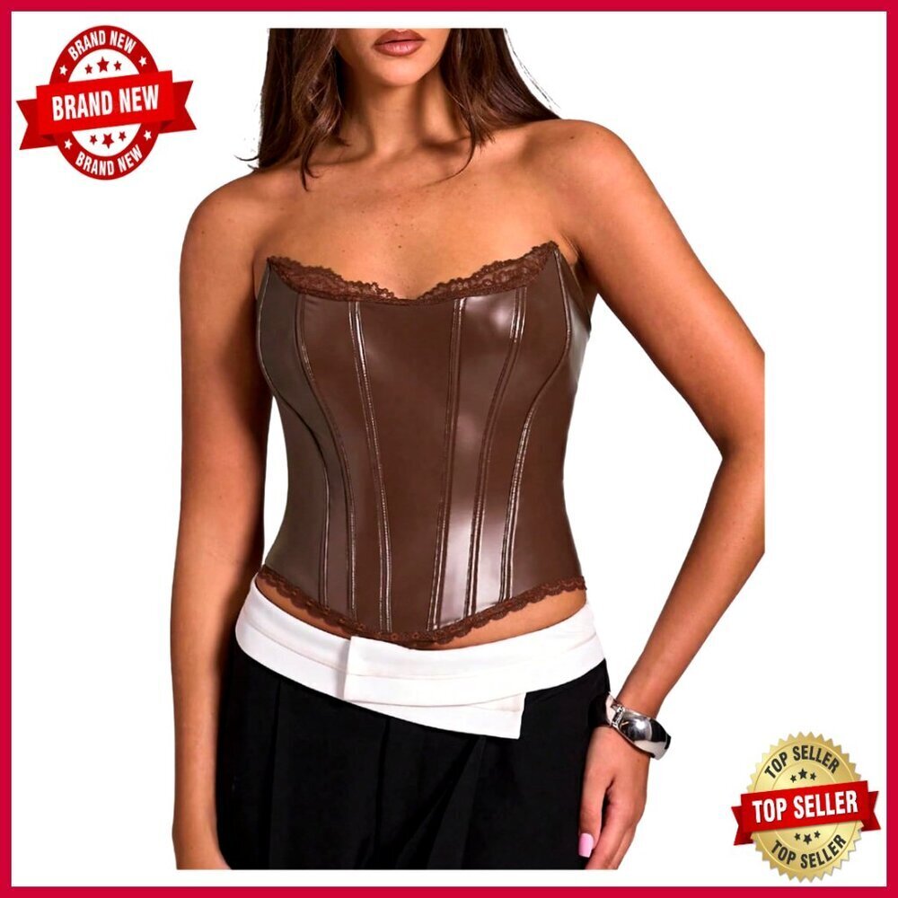 PU Leather Corset Tube Top Strapless Lace Up Back Crop Top